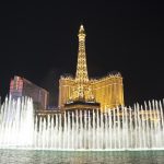 Las Vegas, Nevada, USA – October 21, 2011:  Fountains between the Bellagio and Paris resorts on the Las Vegas strip.