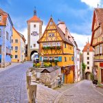 Cobbled street and architecture of historic town of Rothenburg ob der Tauber view