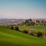 Panorama of the rolling green countryside hills of Passo Ripe, n