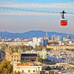 Red cabin of cableway stands out on Barcelona’s port