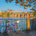 Prague – The rental bike on the waterfront,Charles Bridge, Castl