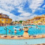 BUDAPEST, HUNGARY- MAY 05,2016: Courtyard of Szechenyi Baths, Hungarian thermal bath complex and spa treatments.